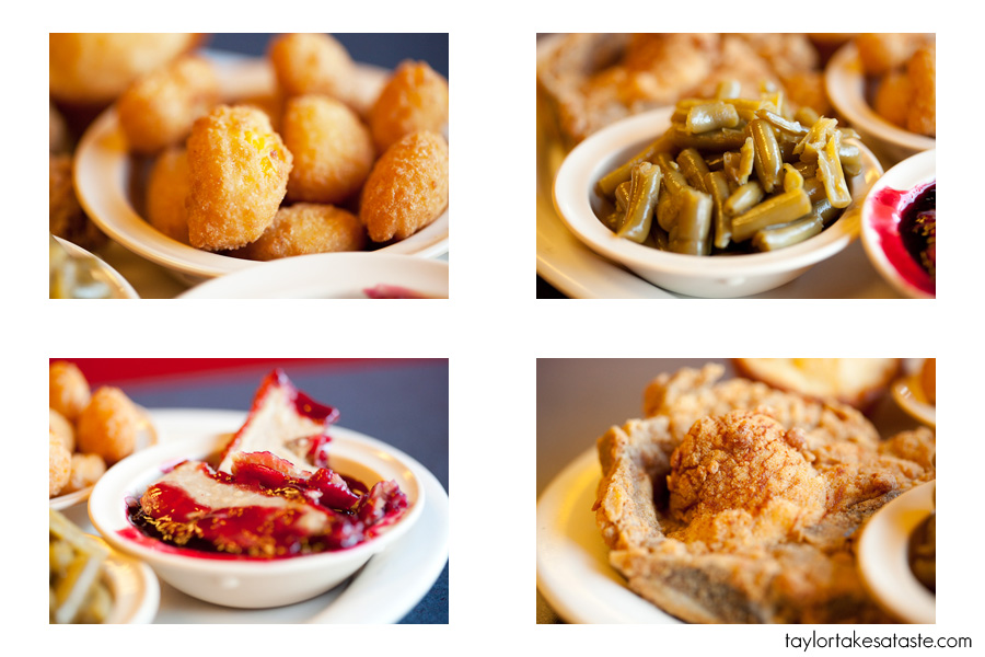 The Meat and 3 (Corn Nuggets, Green Beans, Blackberry Cobbler, and Fried Porkchop)