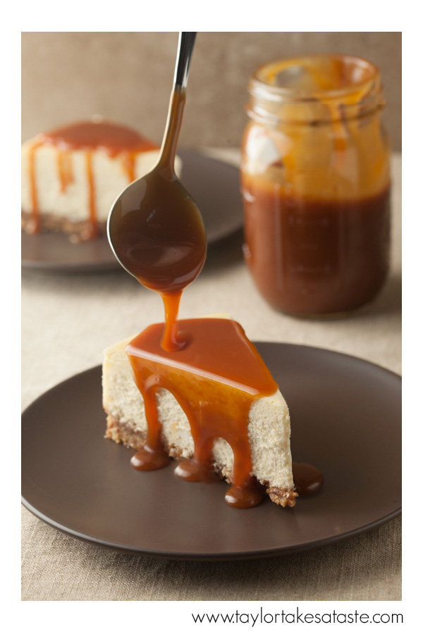 Creamy Almond Cheesecake with Amaretto Caramel Sauce
