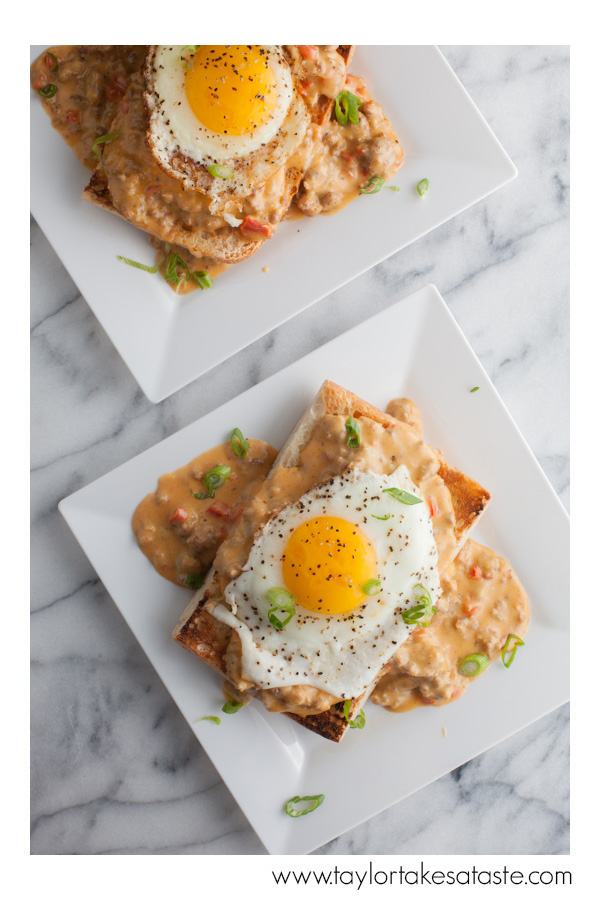 Open Faced Breakfast Sandwich with Cheddar Hot Sausage Gravy