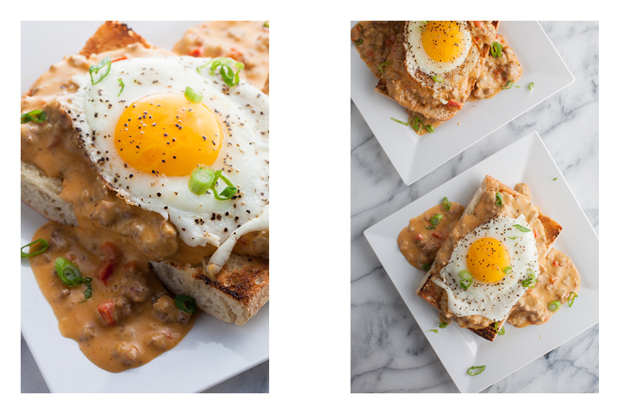 Open Faced Breakfast Sandwich with Cheddar Hot Sausage Gravy_compare