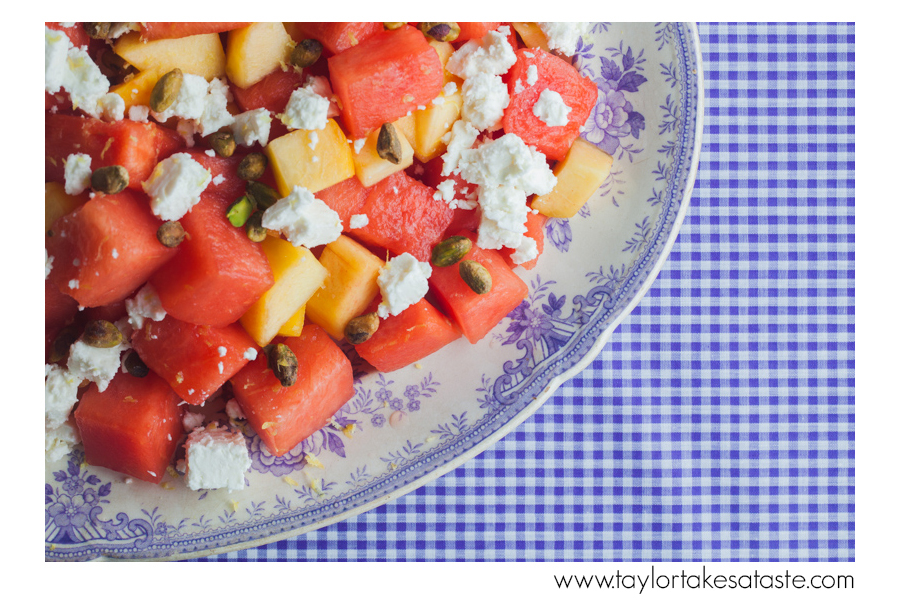 Watermelon Peach and Feta Salad with Lemon Allspice Dressing
