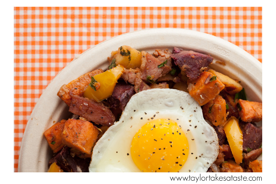 Purple, White, and Orange Sweet Potato Hash with Country Ham
