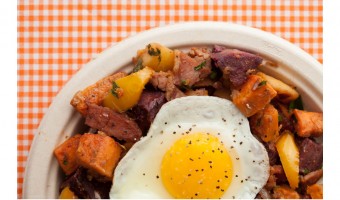 Purple White and Orange Sweet Potato Hash with Country Ham